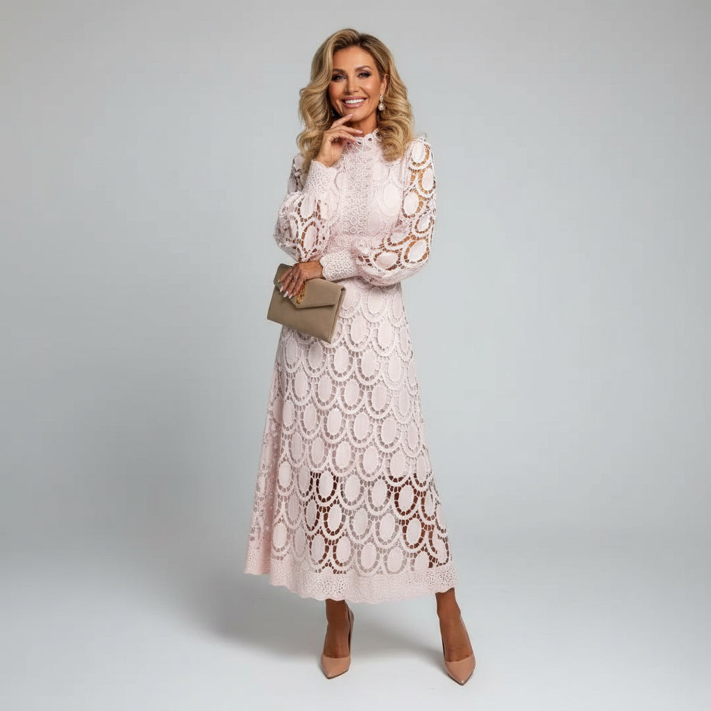 Long Sleeve High Neck Lace Wedding Guest Midi Dress