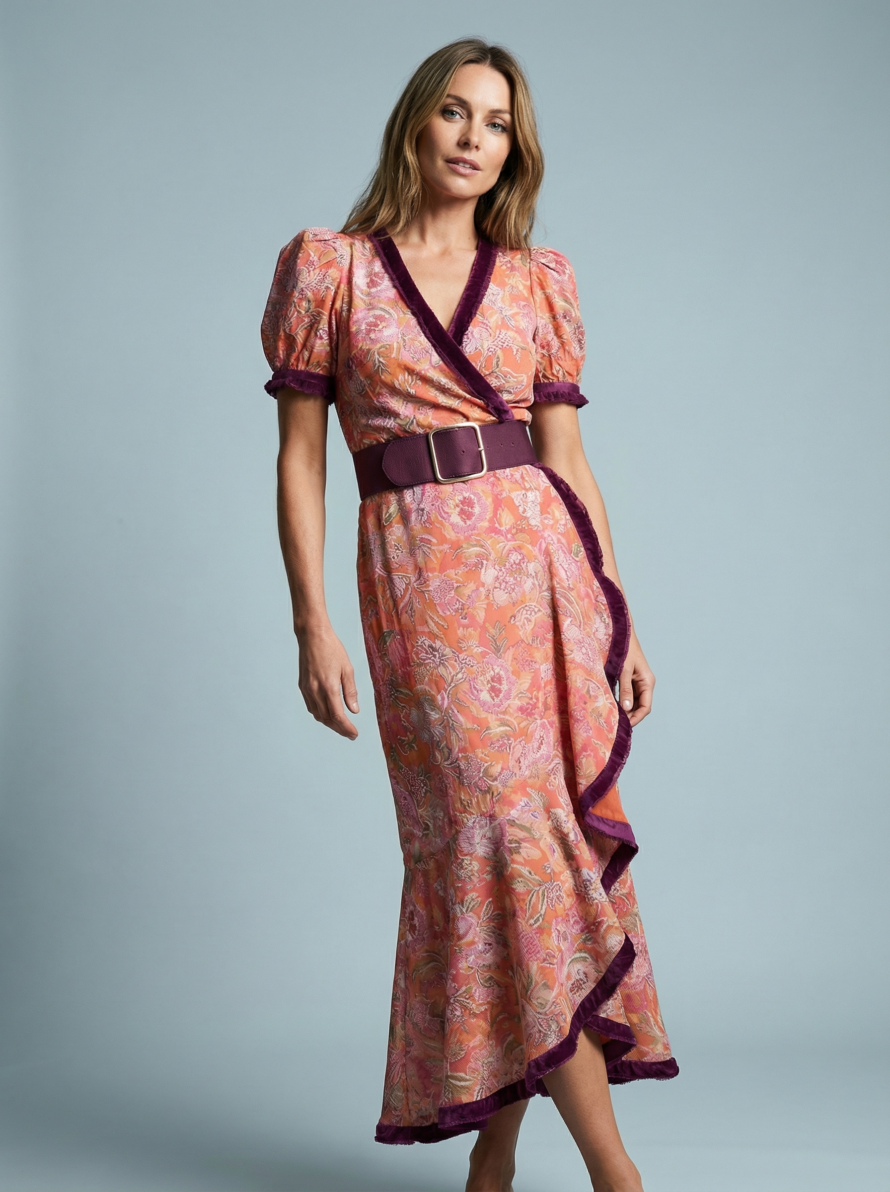 Women’s Belted Elegant Midi Dress with Puff Sleeves