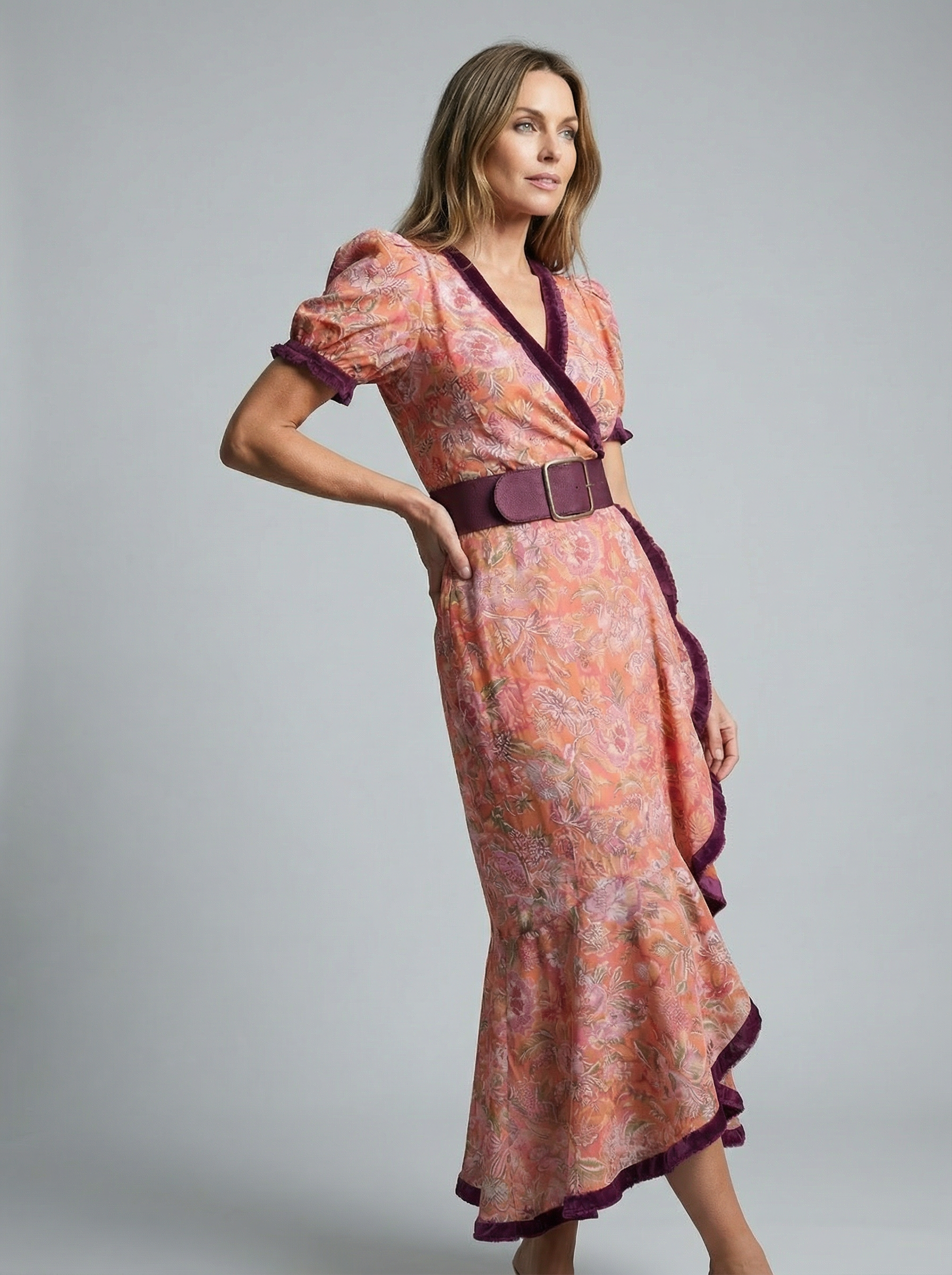 Women’s Belted Elegant Midi Dress with Puff Sleeves