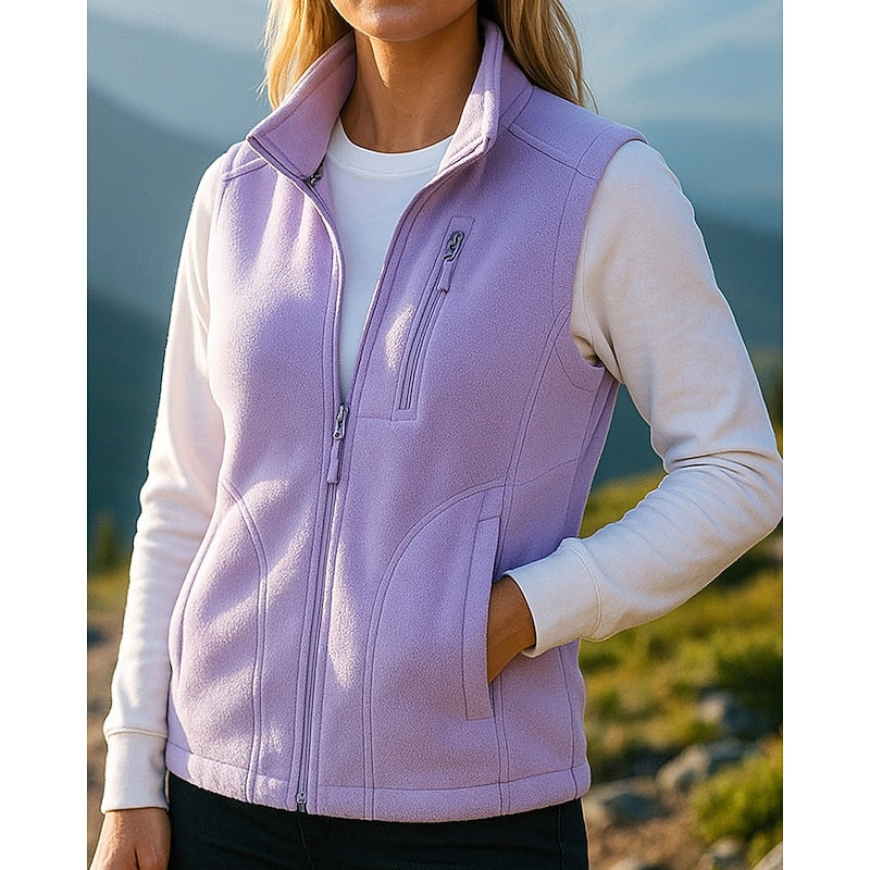 Purple brushed zip-up vest with stand collar, front view