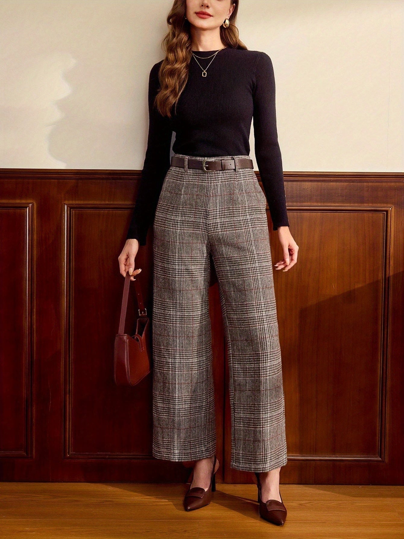 Coffee Brown Tailored Checked Pants