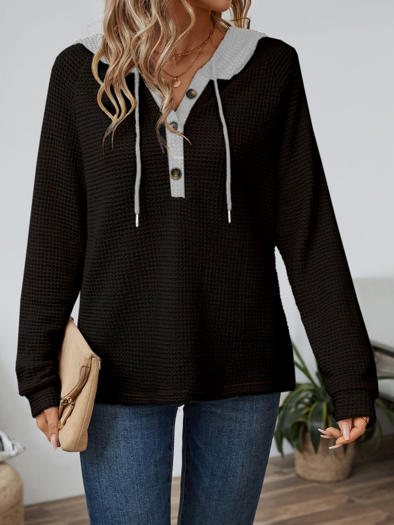 Relaxed waffle-texture hooded top