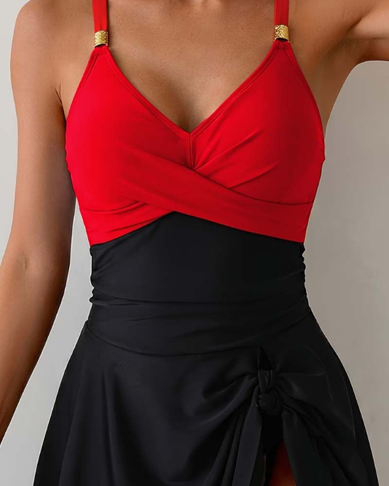 Red color block one-piece swimsuit, side view