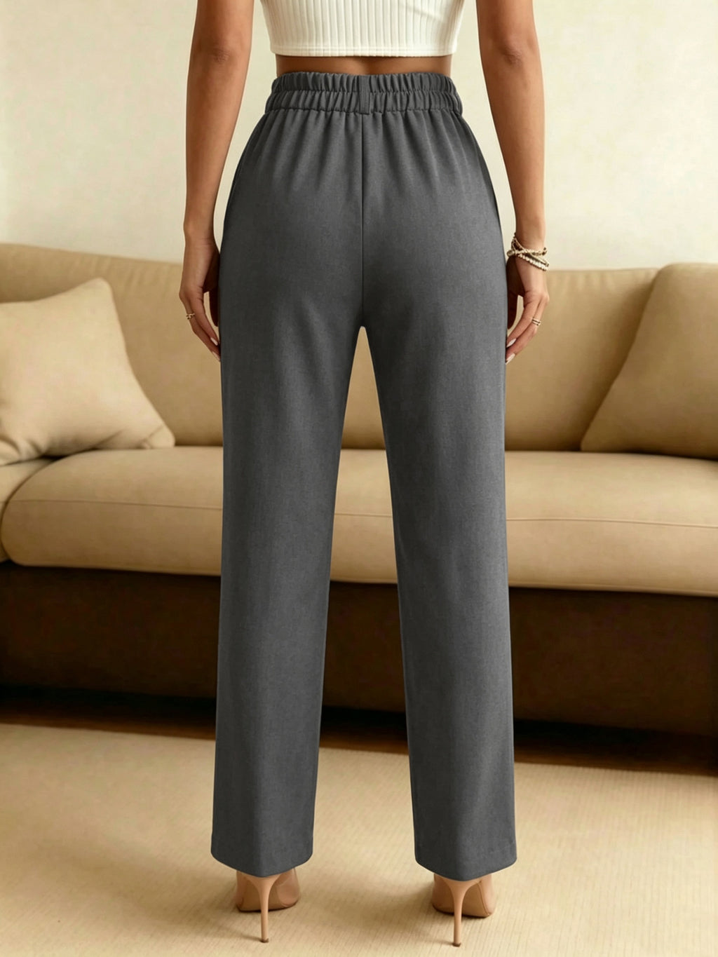 Khaki High-Waist Straight Pants