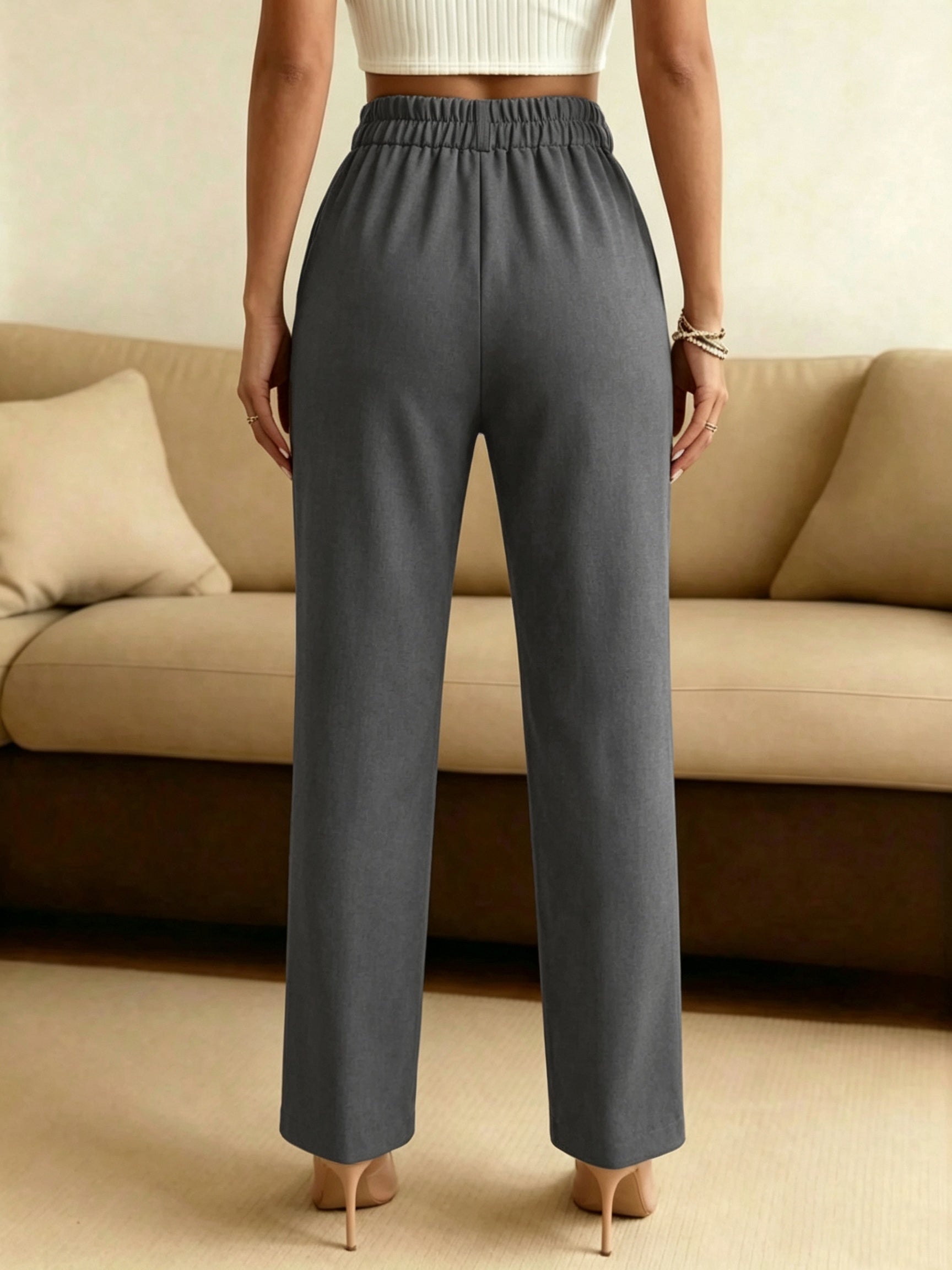 Khaki High-Waist Straight Pants