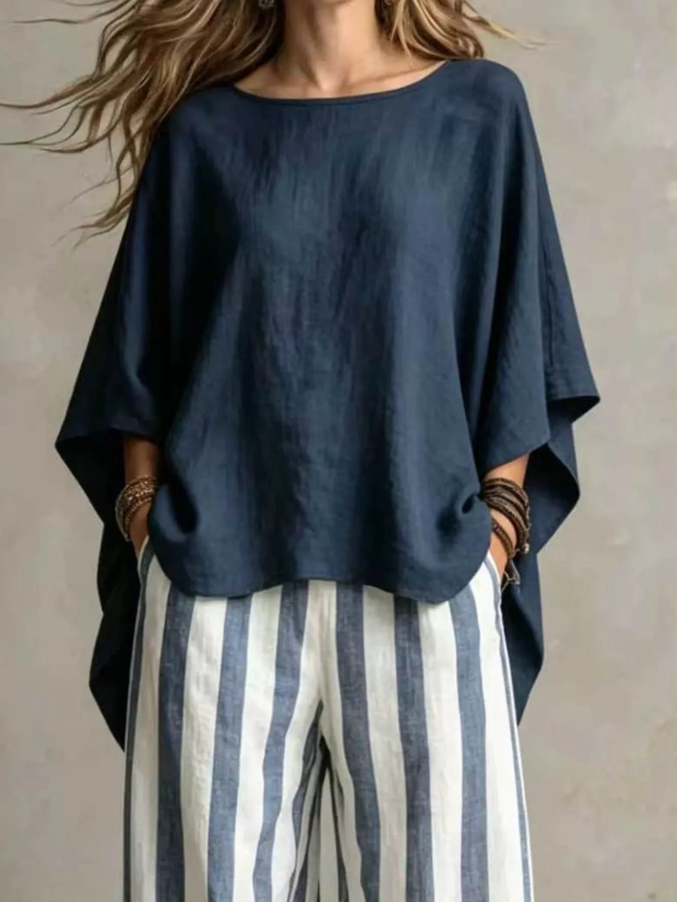 Navy Blue solid color top and trousers co-ord set