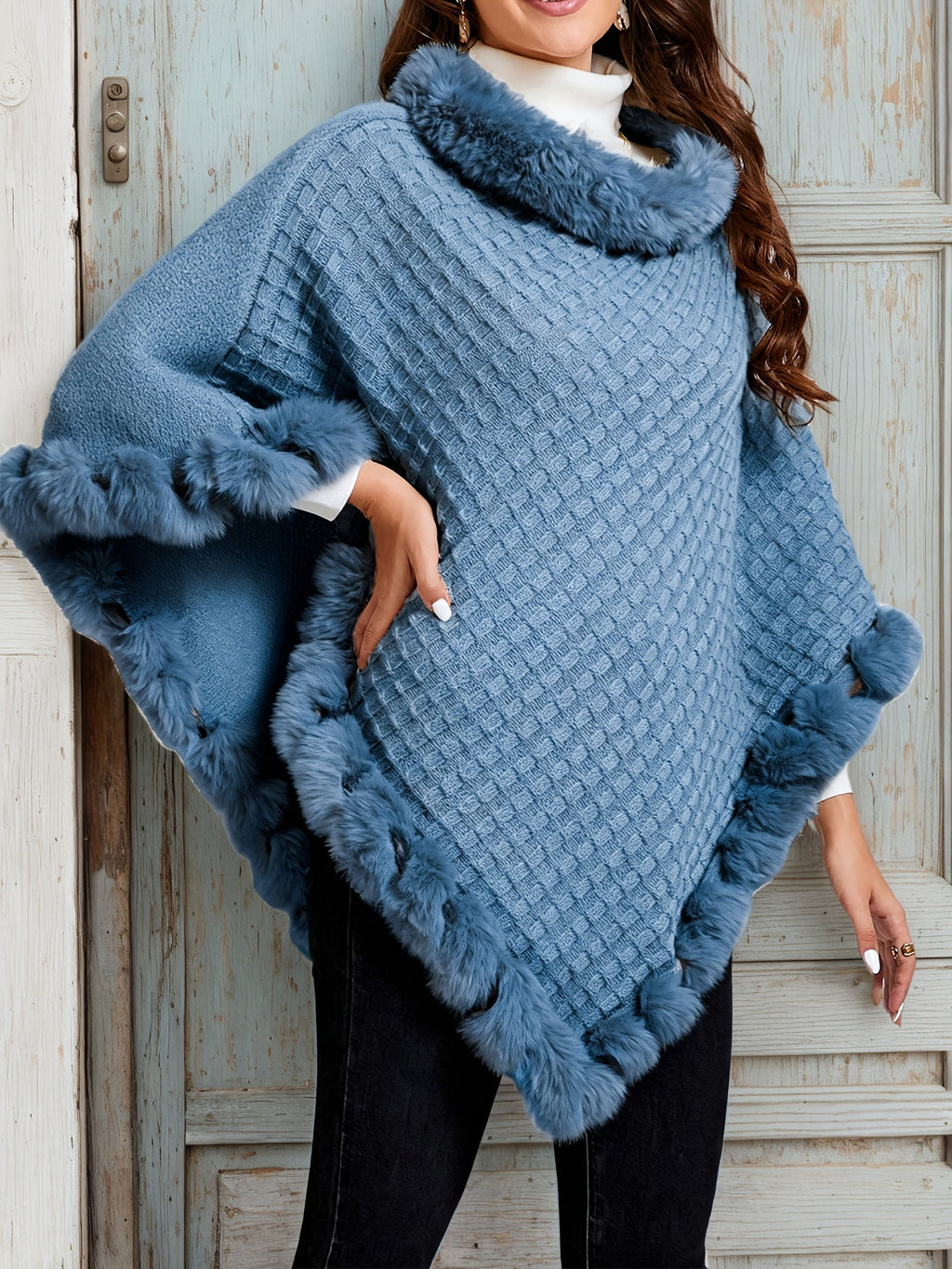 Coffee Brown cozy fur-trim poncho