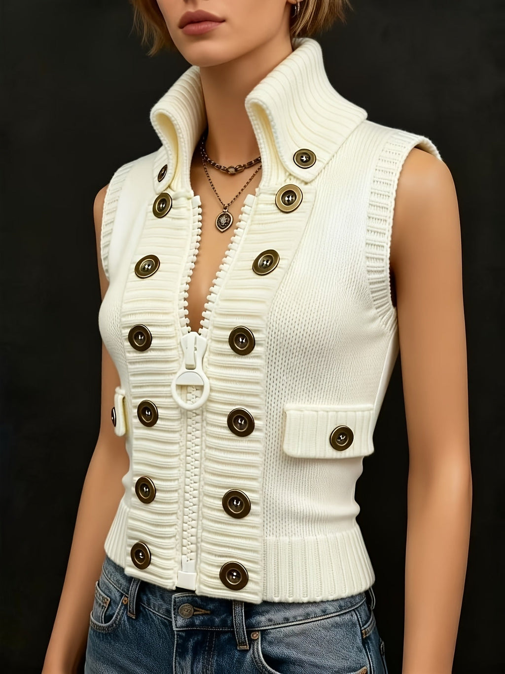 Milky high-collar zip vest, front view