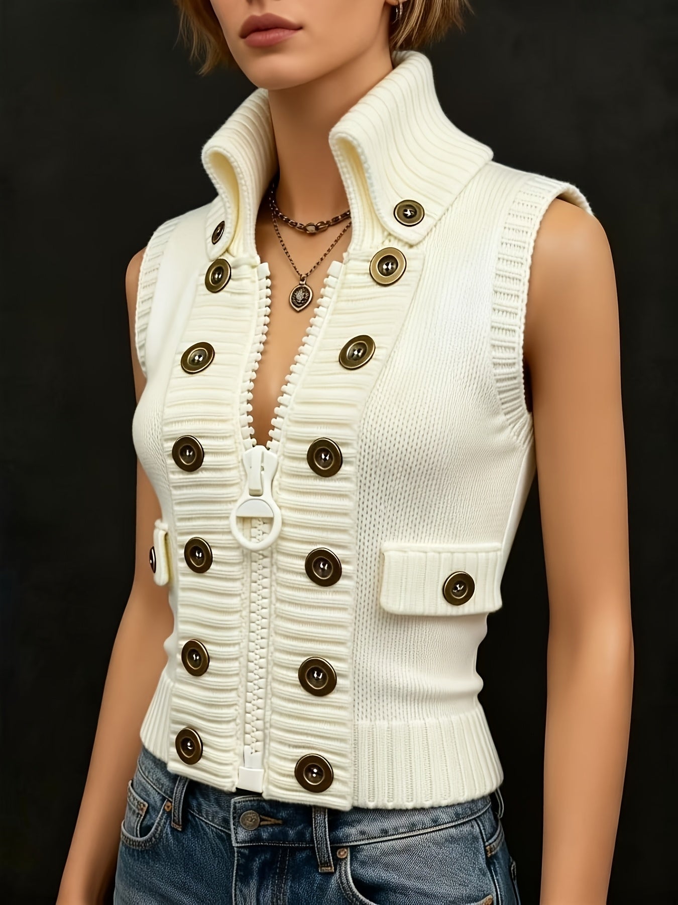 Milky high-collar zip vest, front view