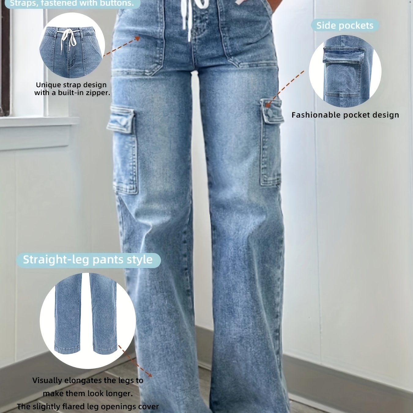 High-Waist Drawstring Cargo Jeans