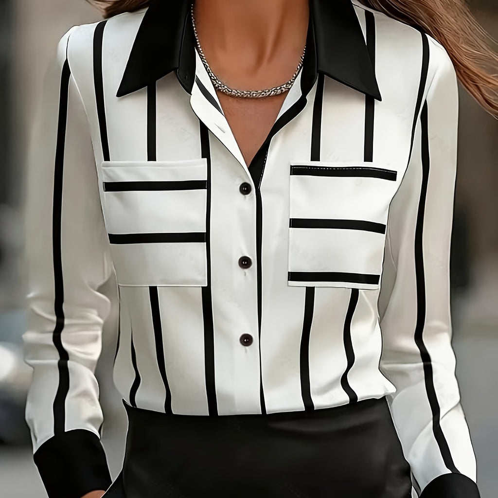 Mixed-Color Stripe Lapel Collar Blouse, front view