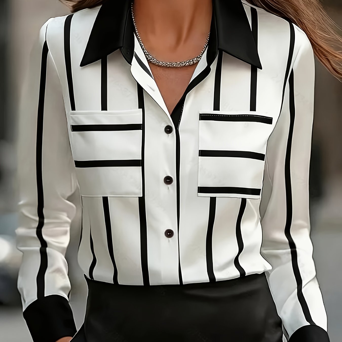 Mixed-Color Stripe Lapel Collar Blouse, front view