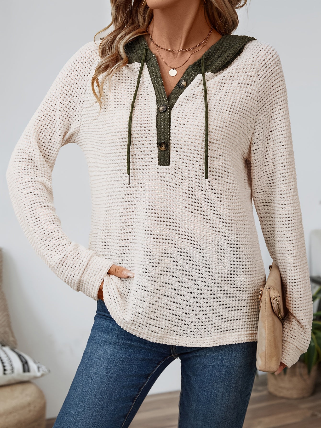 Relaxed waffle-texture hooded top