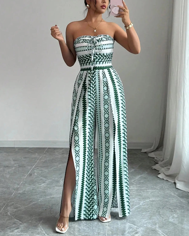 Green geometric print sleeveless jumpsuit, side view