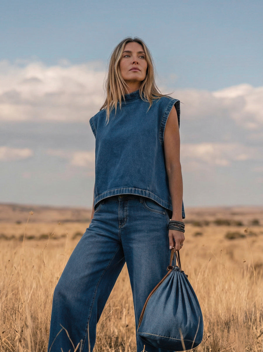 Deep Blue denim mock-neck vest top and wide-leg jeans co-ord set, full-length view