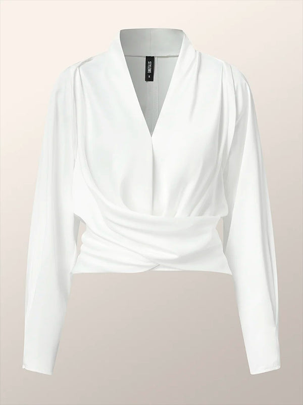 White Zip-Front V-Neck Blouse