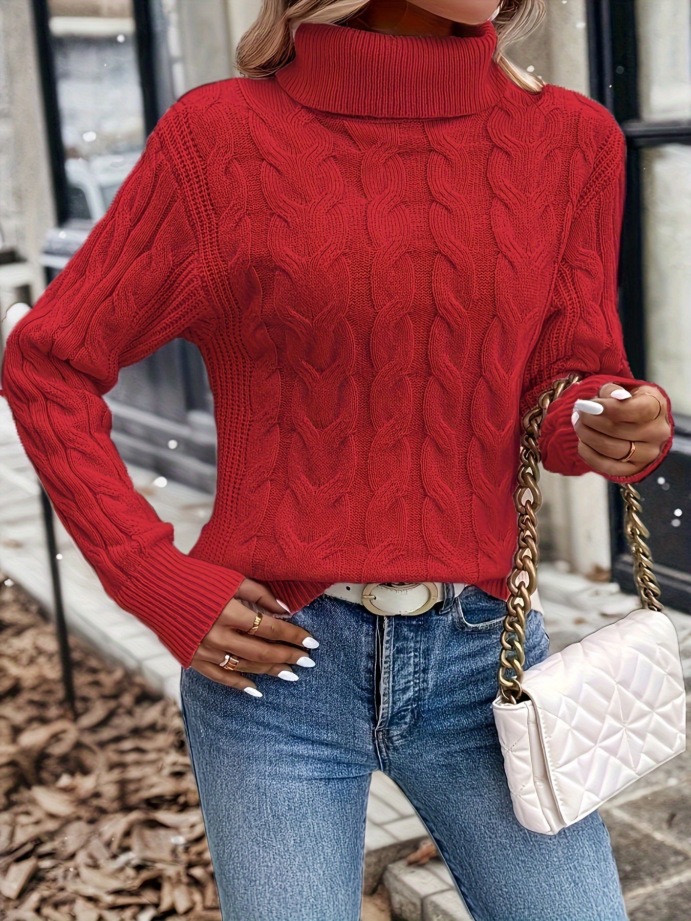 Red cozy cable-knit turtleneck sweater