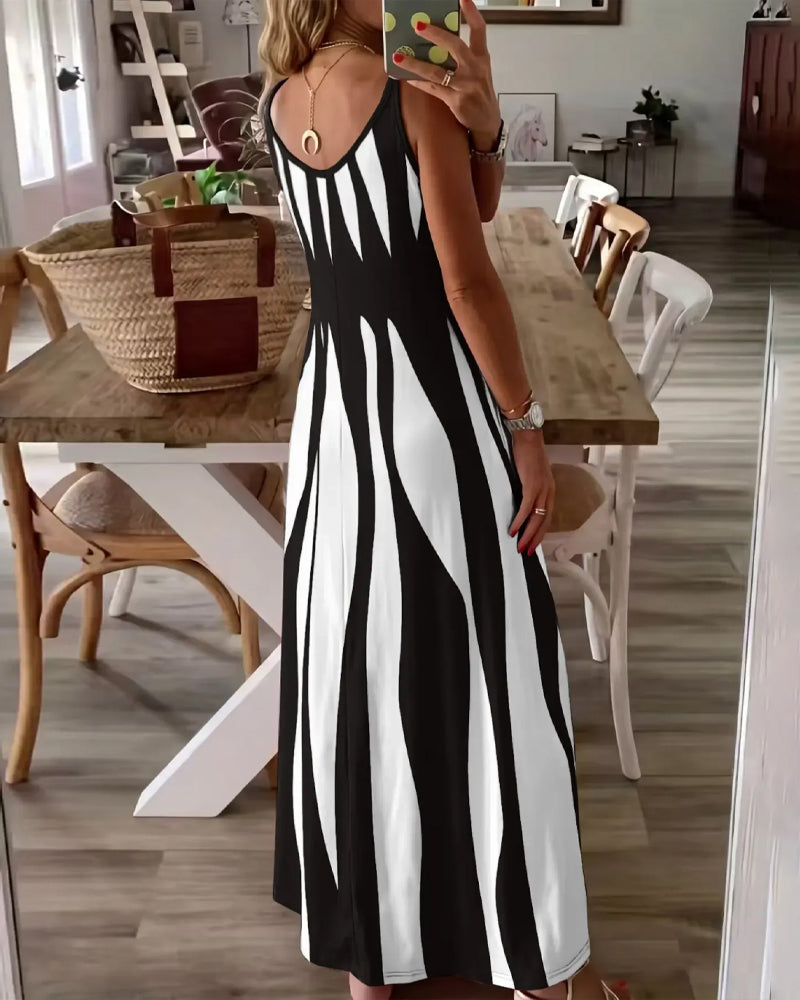 Blue striped patchwork sleeveless maxi dress, front view