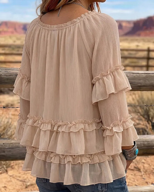 Beige ruffle flare blouse long sleeve, back view