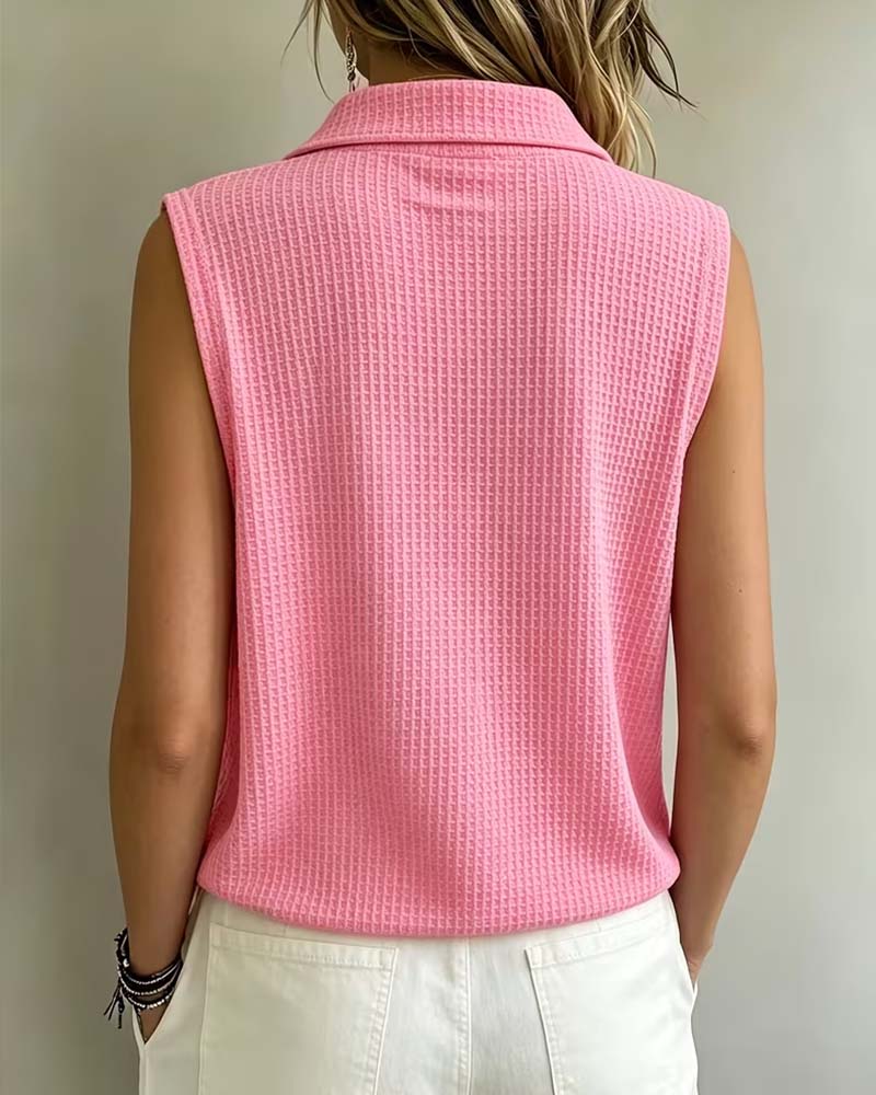 Pink polo collar waffle tank top for women, full length view