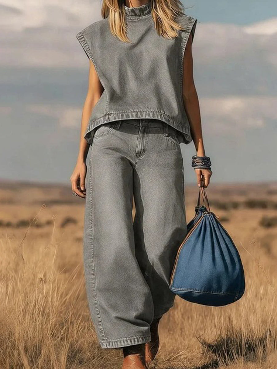 Gray denim mock-neck vest top and wide-leg jeans co-ord set