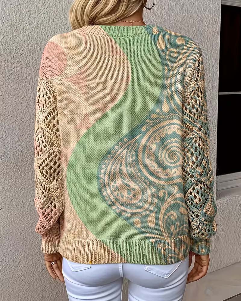 Green color block hollow-out V-neck knit sweater