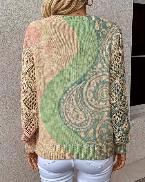 Green color block hollow-out V-neck knit sweater