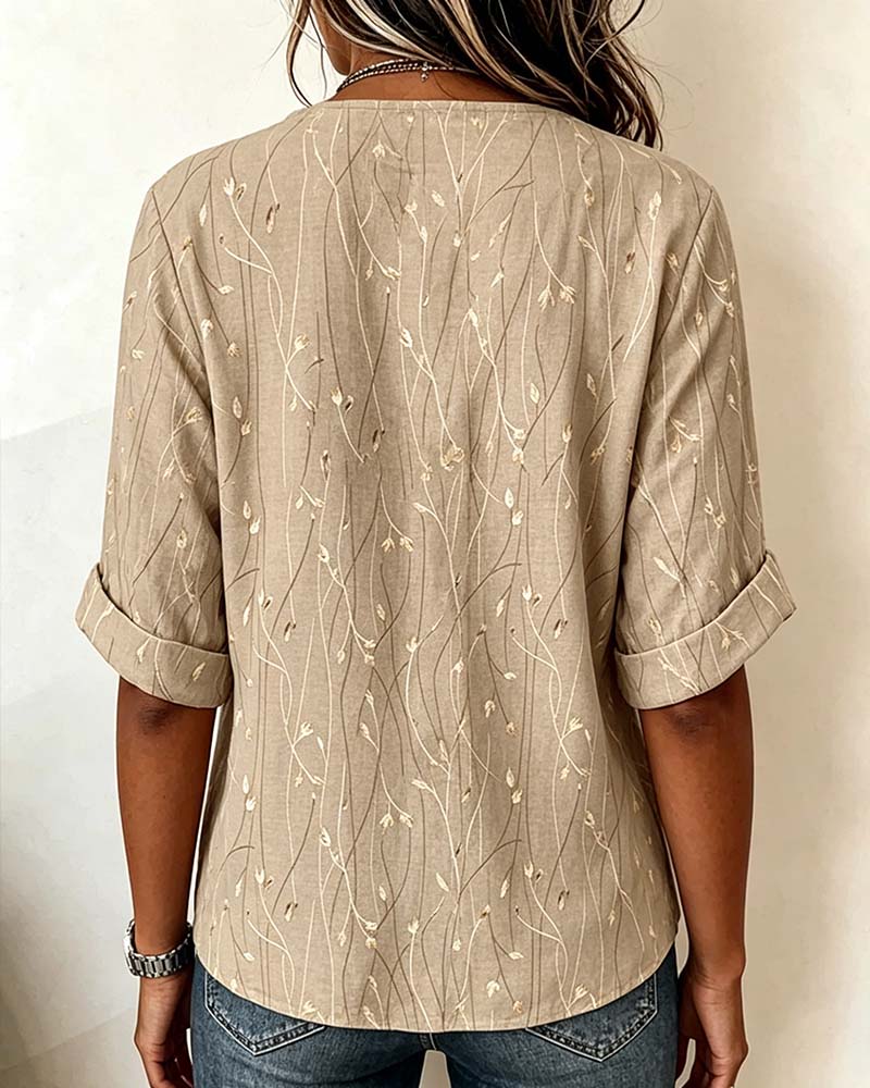 Khaki button-front short sleeve blouse, side view