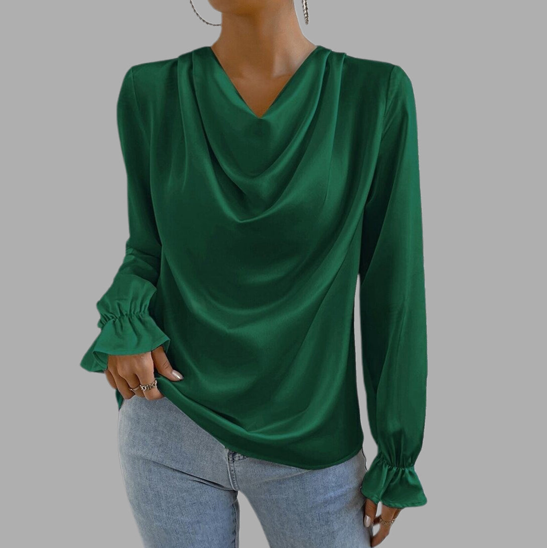 Apricot Cowl Neck Ruffled Cuff Satin Blouse