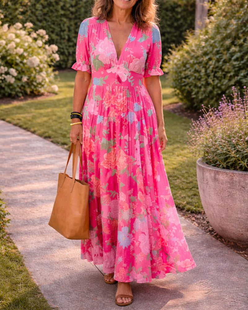 Pink V-neck floral print high waist bubble sleeve maxi dress, front view
