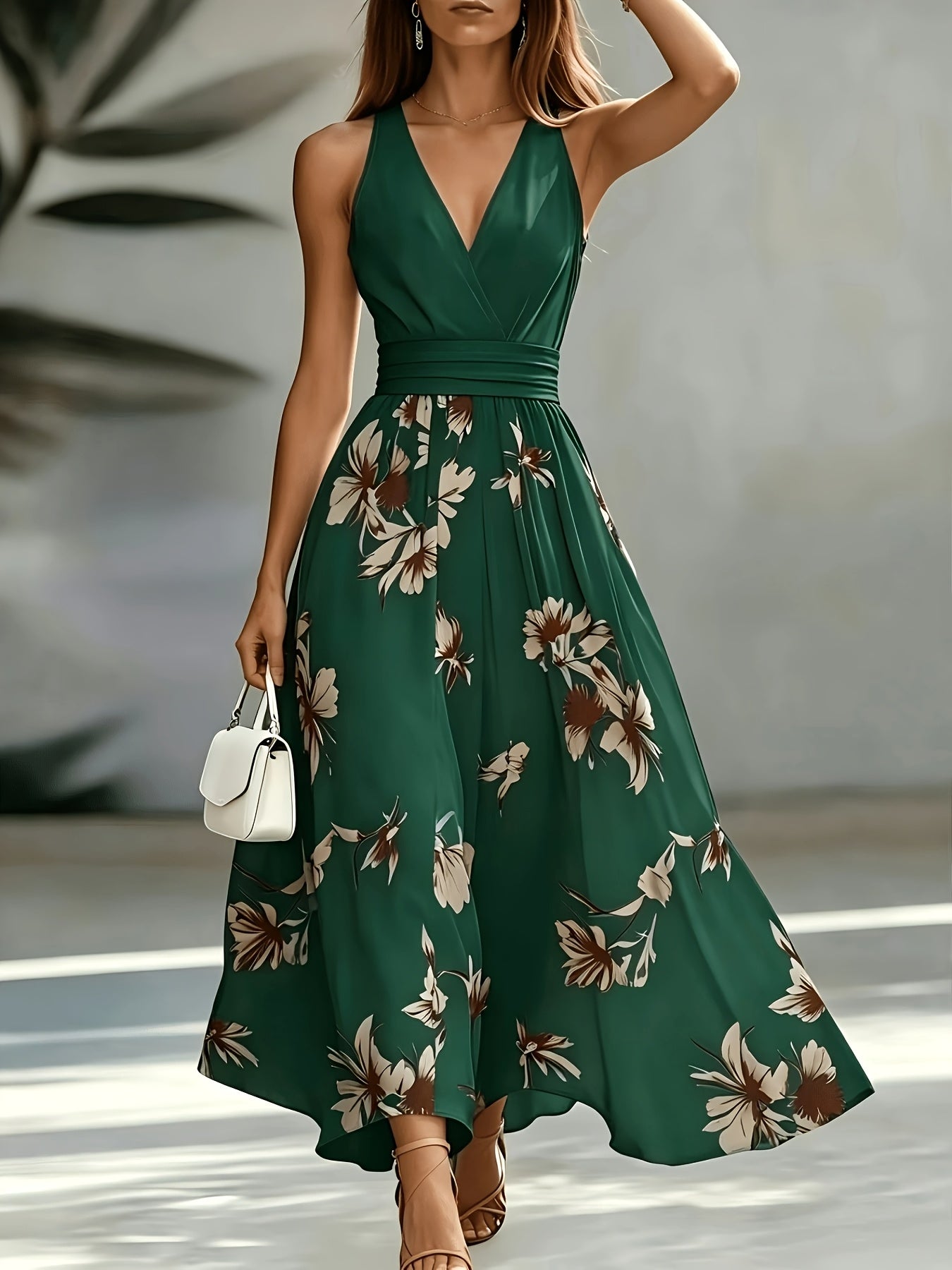 Red Shirred Geometric Print V-Neck Midi Dress