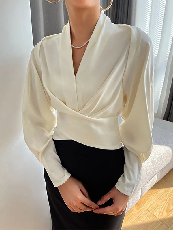 White Zip-Front V-Neck Blouse