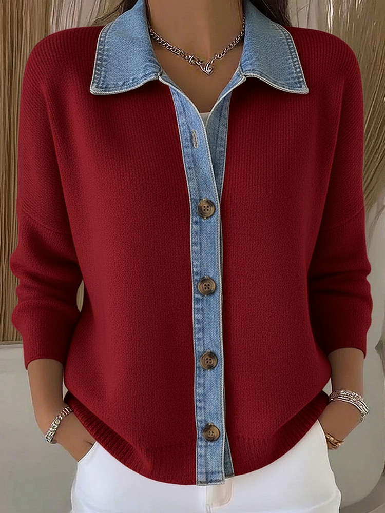 Red Polo Collar Knit Cardigan