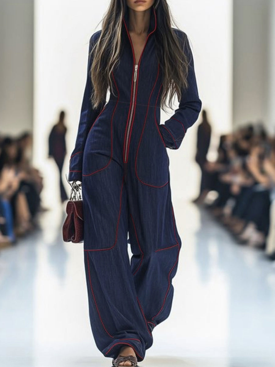 Denim Jumpsuit with Stand Collar