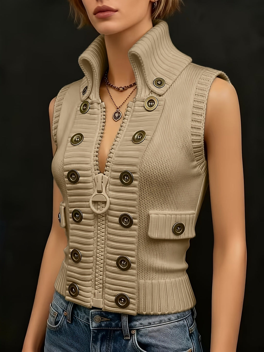 Milky high-collar zip vest