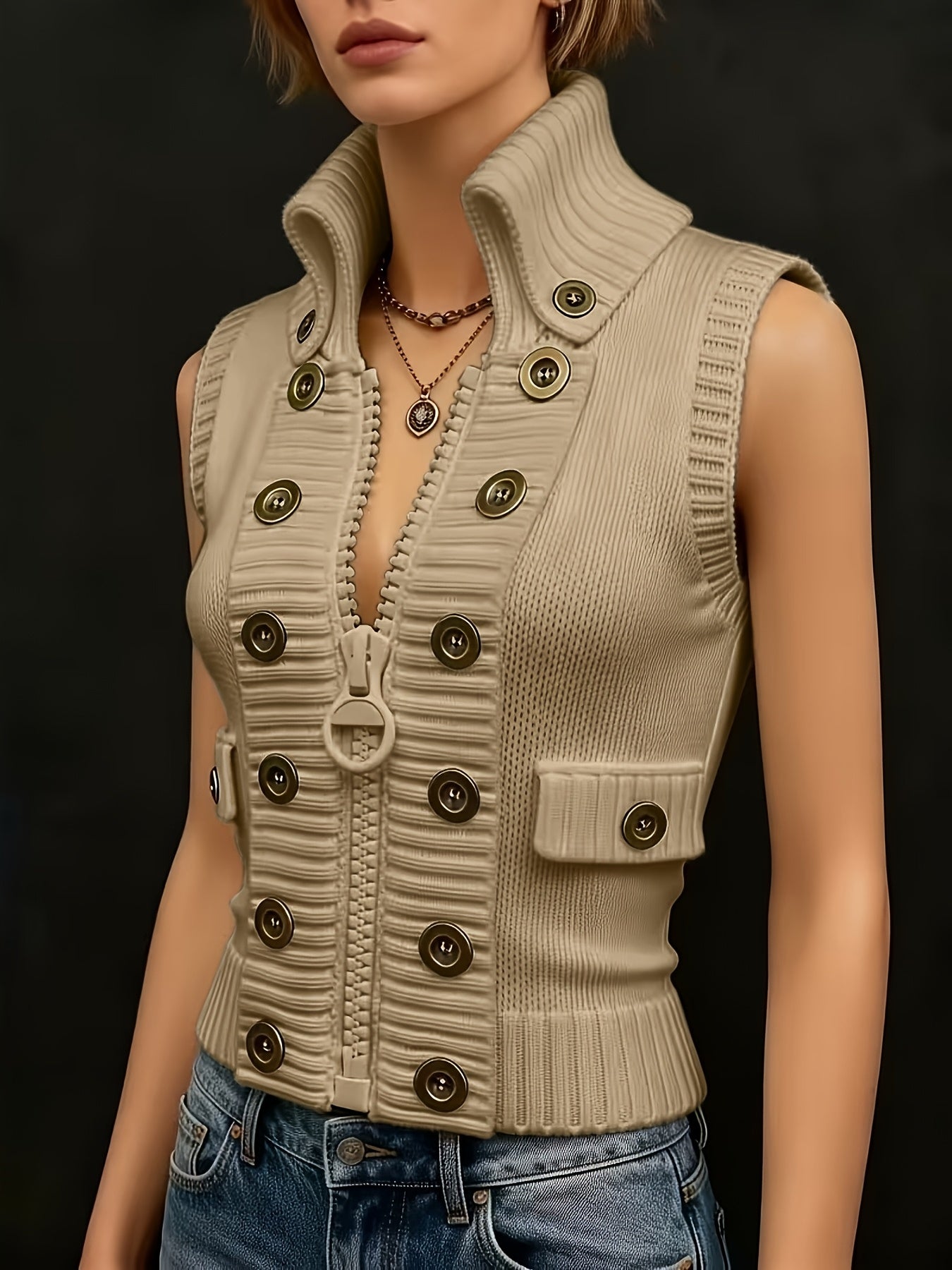 Milky high-collar zip vest