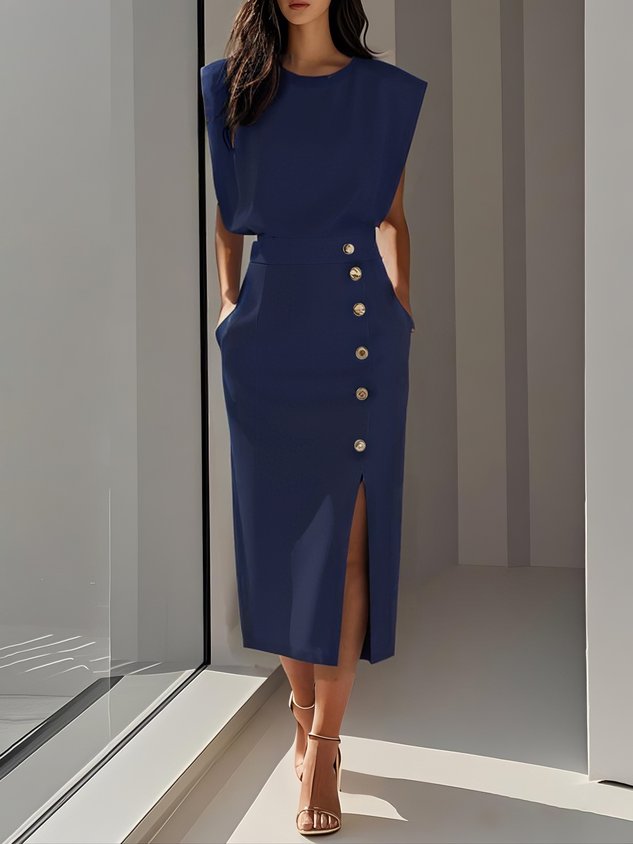 White Solid Midi Dress with Button Slit