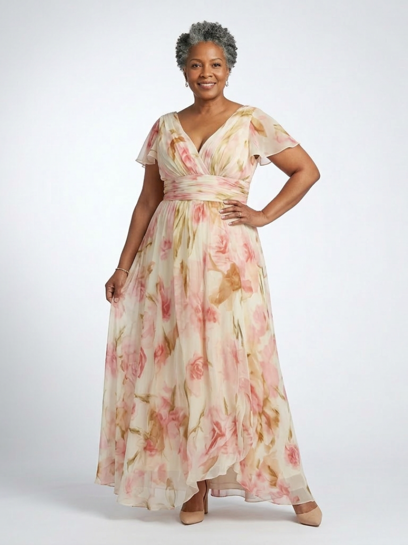 Elara - V-Neck Short Sleeve Floral Maxi Dress