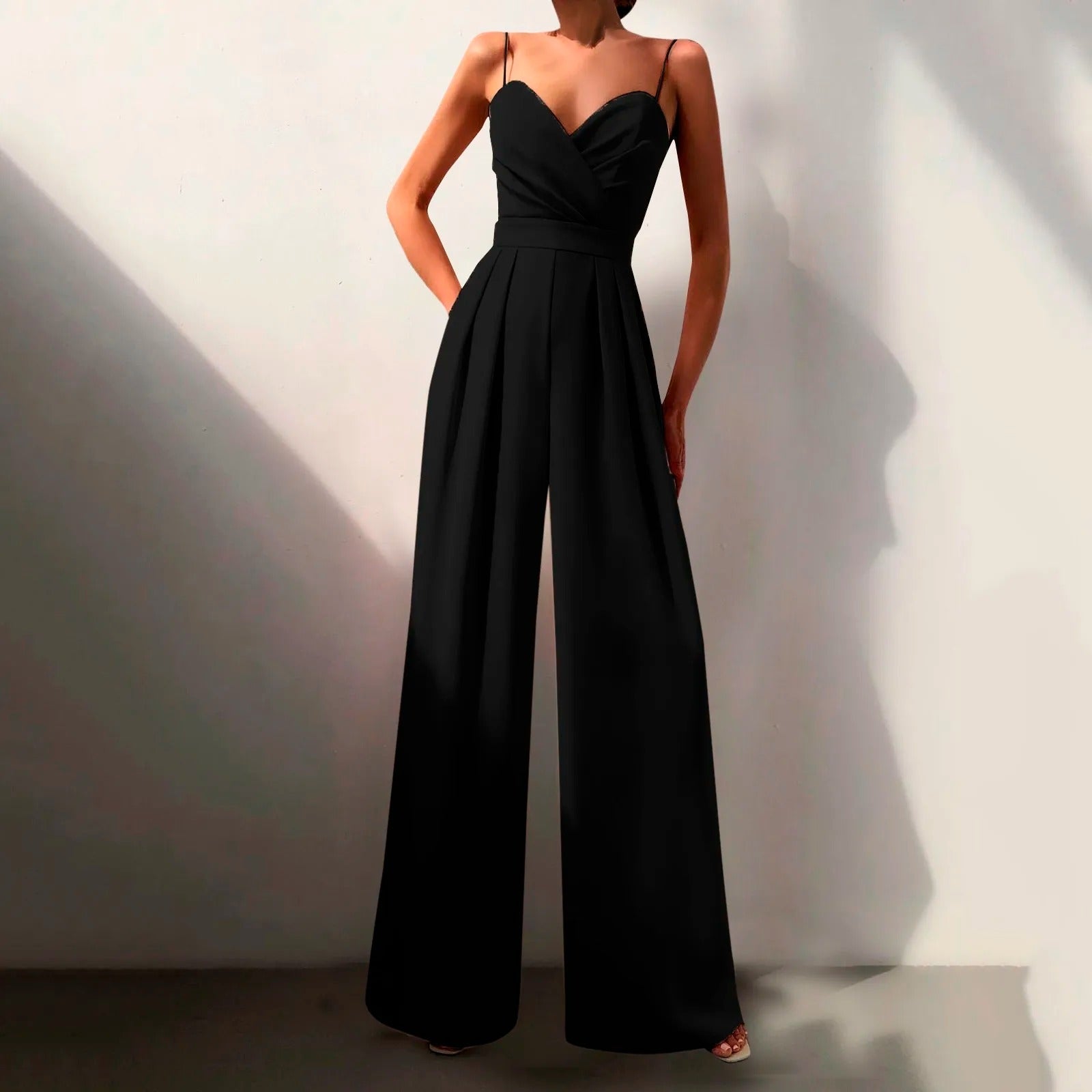 Black Sweetheart Neckline Wide Leg Jumpsuit, front view