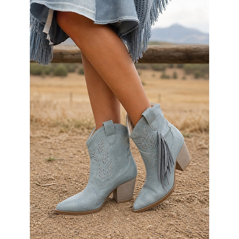 Blue Tasseled Western Ankle Boots, front view