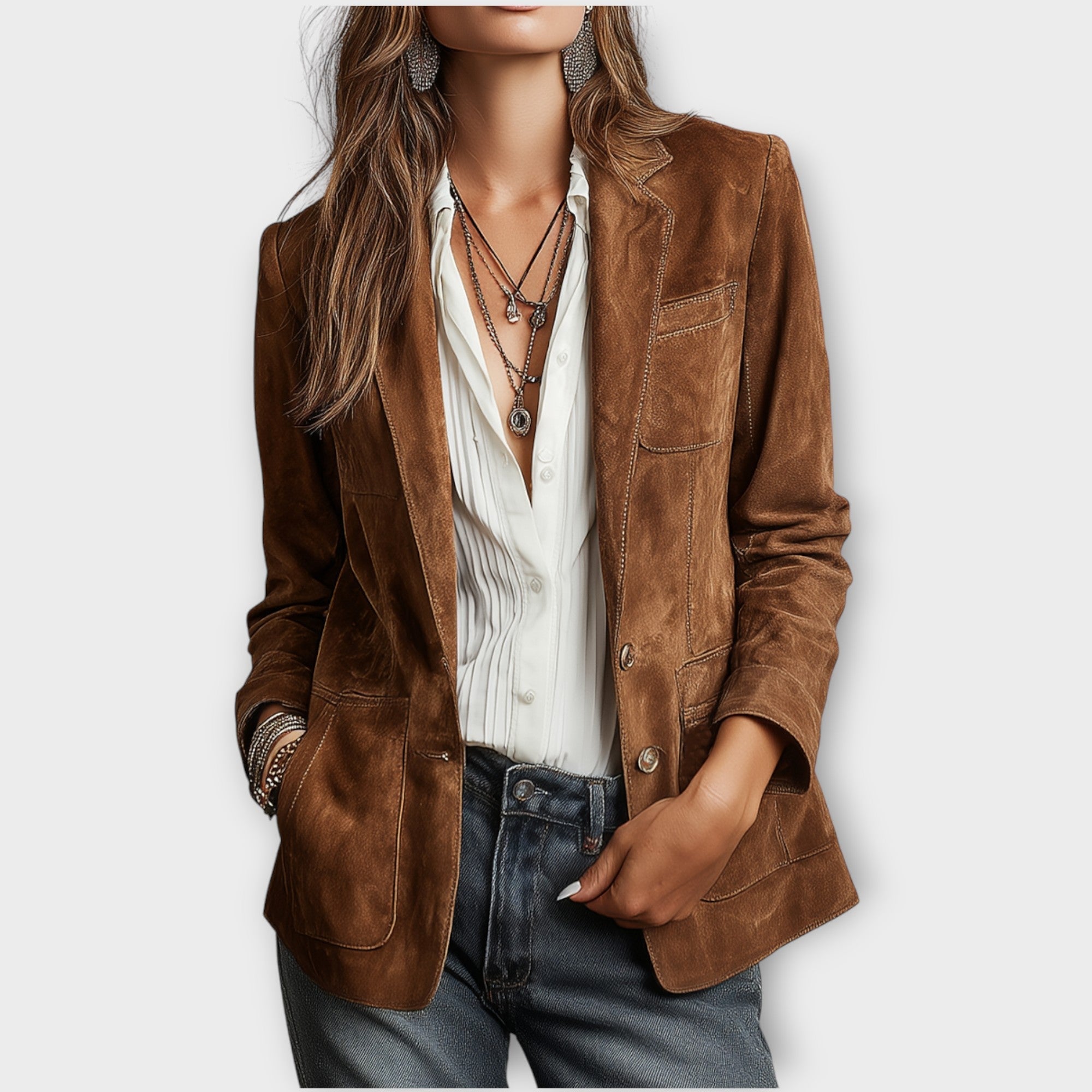 Brown Vintage Suede-Look Blazer, front view