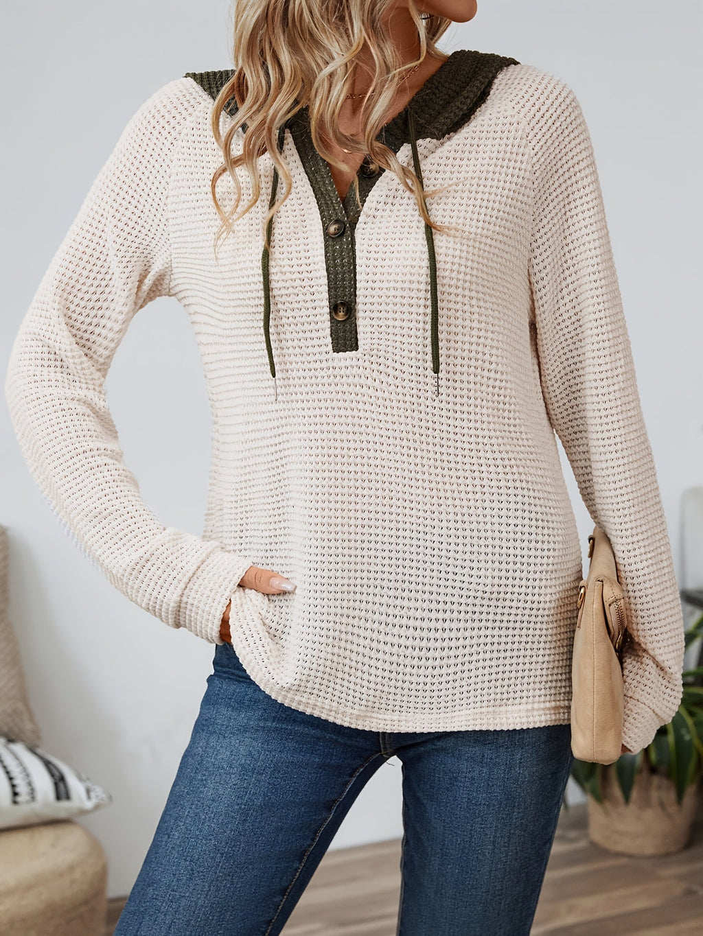 Relaxed waffle-texture hooded top