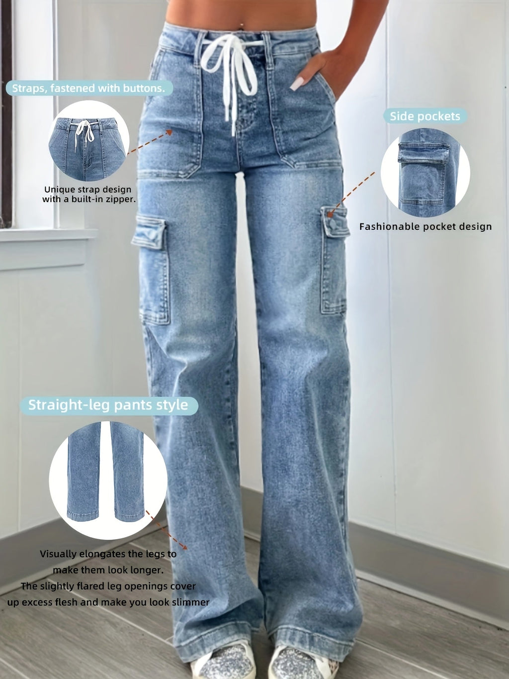 High-Waist Drawstring Cargo Jeans