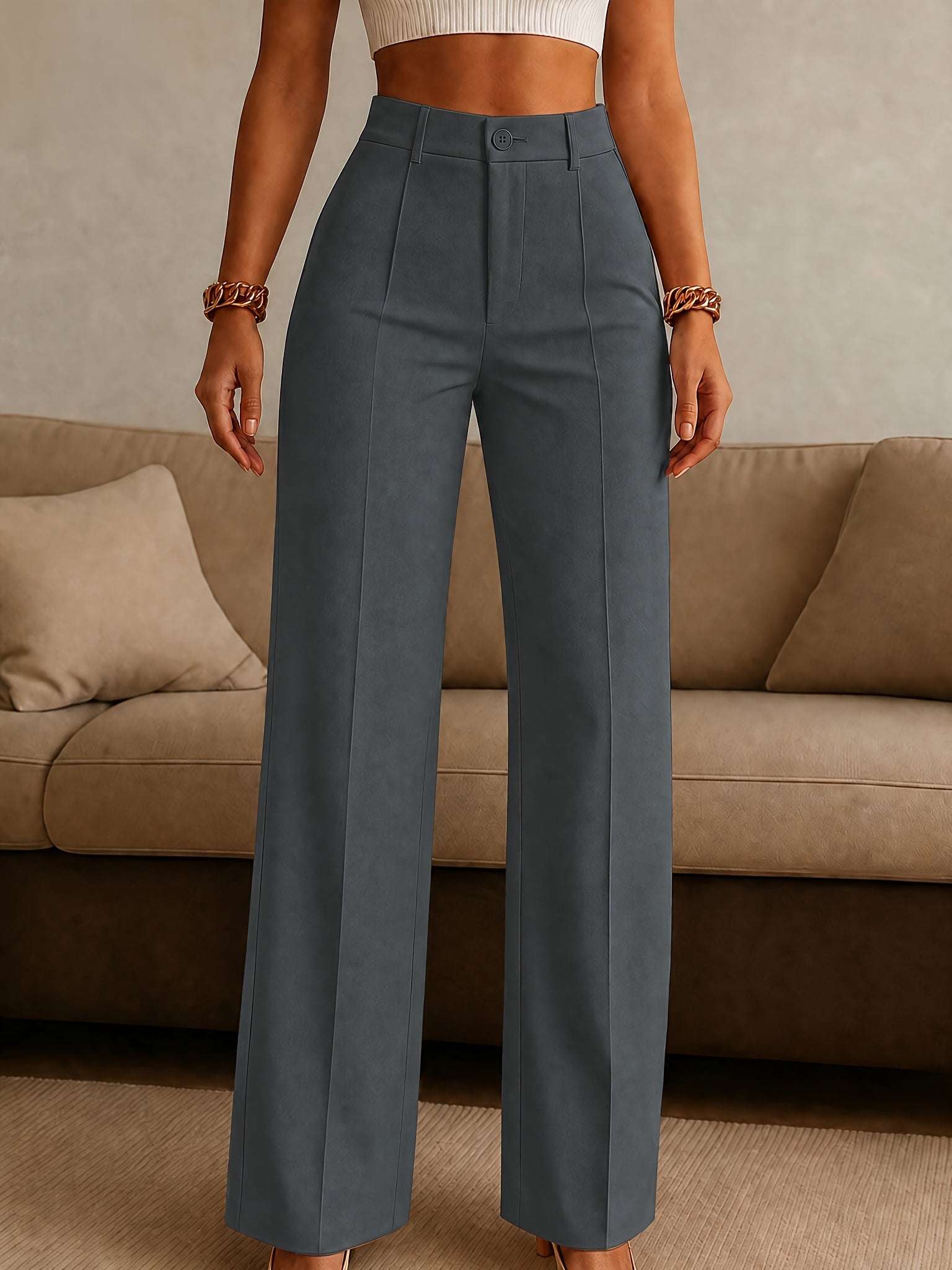 Khaki High-Waist Straight Pants