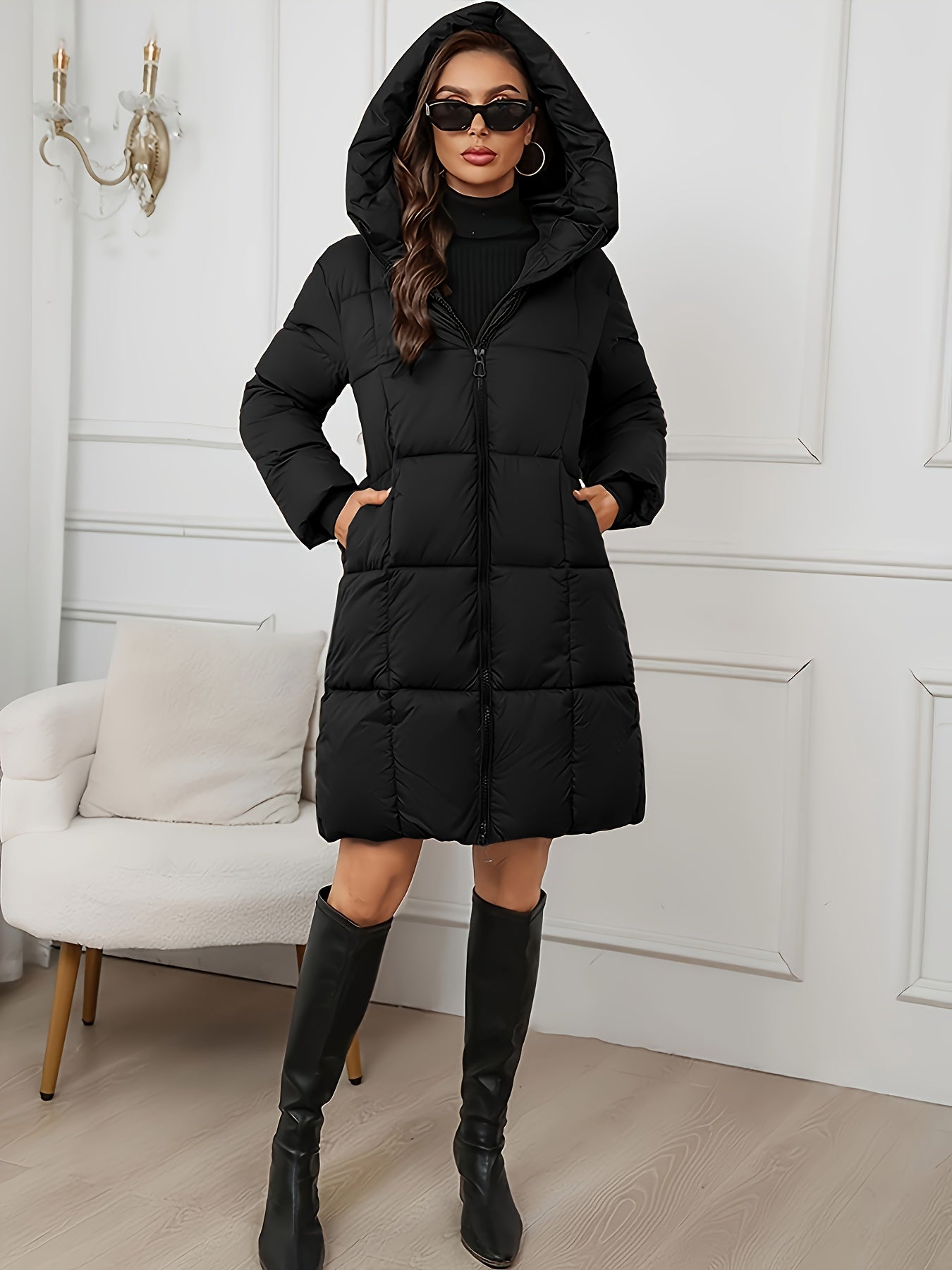Black Hooded Longline Puffer Coat, detail view