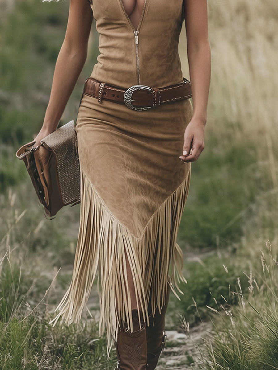 Light Brown Fringed Sleeveless Western Cowboy Midi Dress, fringe hem detail