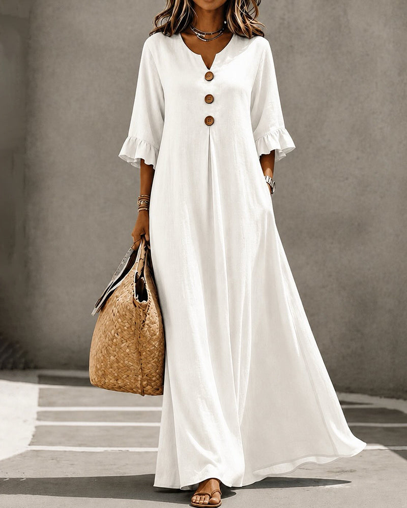 White V-neck button ruffle full skirt maxi dress, front view
