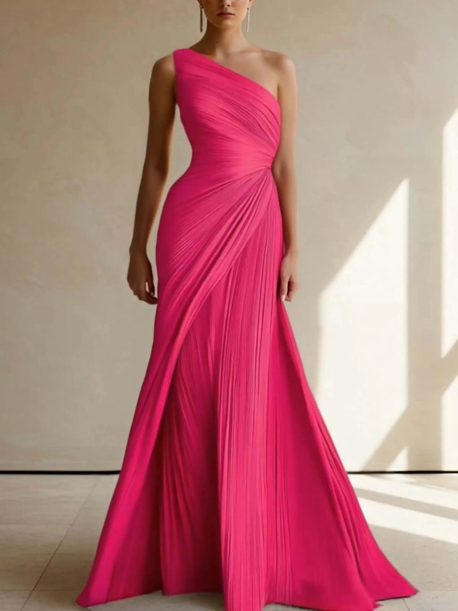 One Shoulder Pleated Maxi Dress Wedding Guest