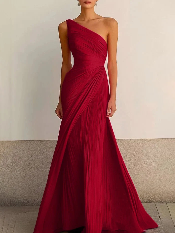 One Shoulder Pleated Maxi Dress Wedding Guest