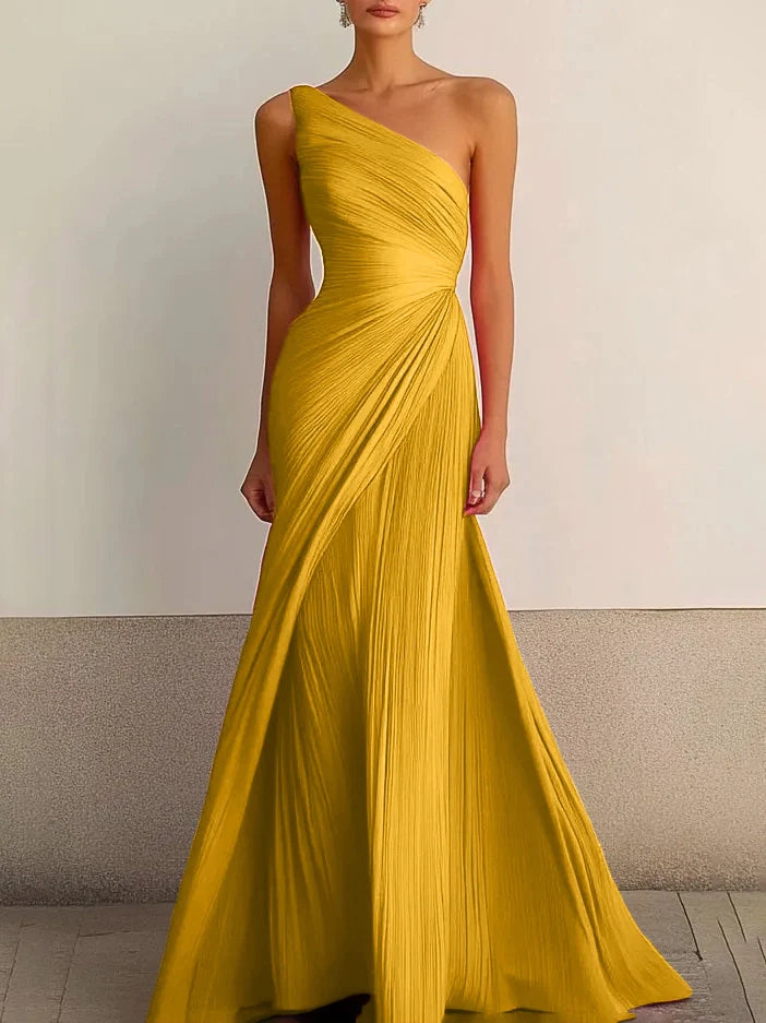 One Shoulder Pleated Maxi Dress Wedding Guest